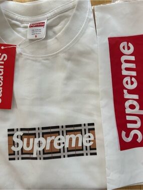 Supreme White Plaid Box Logo Tee with Tan Accents